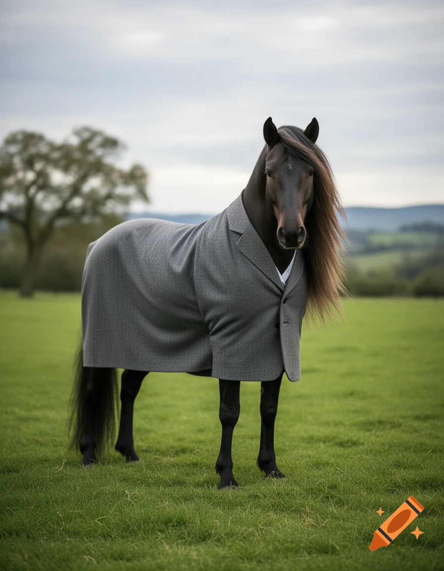 A dark horse wearing a gray flannel suit stands in a vibrant green field under an overcast sky, with a tree in the background.