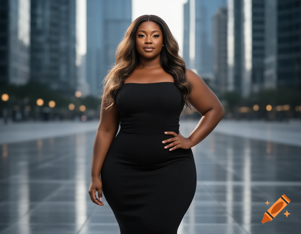 A confident woman in a black strapless dress poses on a modern city street with blurred buildings.