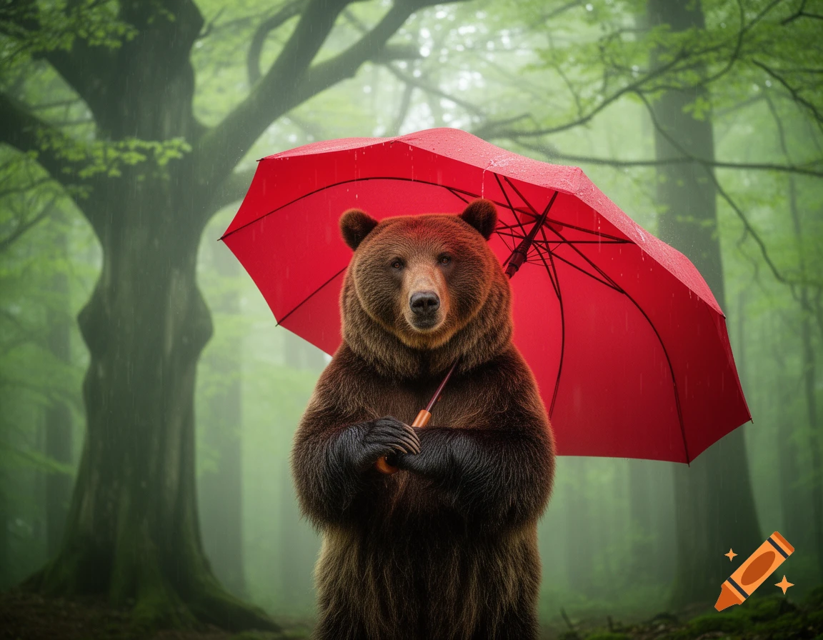 A brown bear stands upright in a misty green forest, holding a bright red umbrella in the rain.