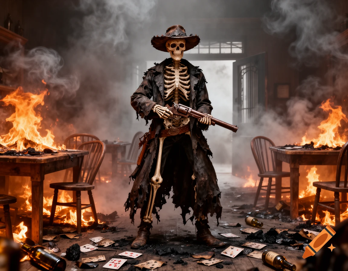 A skeleton cowboy stands in a burning Wild West saloon, holding a pistol amidst smoke, scattered cards, and broken bottles.