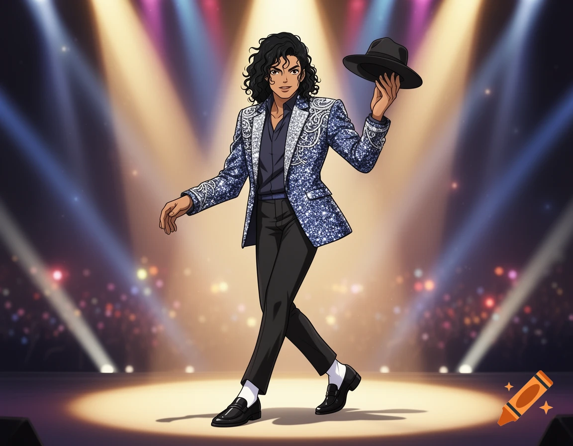 An anime-style character resembling Michael Jackson, in a sparkling blue jacket, walks on a brightly lit stage holding a fedora.