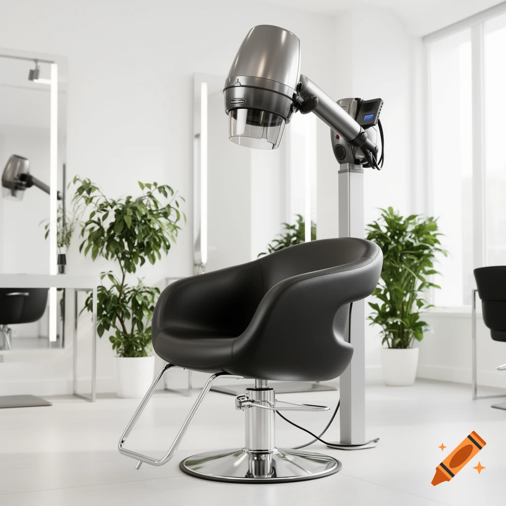 A modern black leather hair salon chair with an attached silver professional hair dryer in a brightly lit, minimalist salon with green plants.