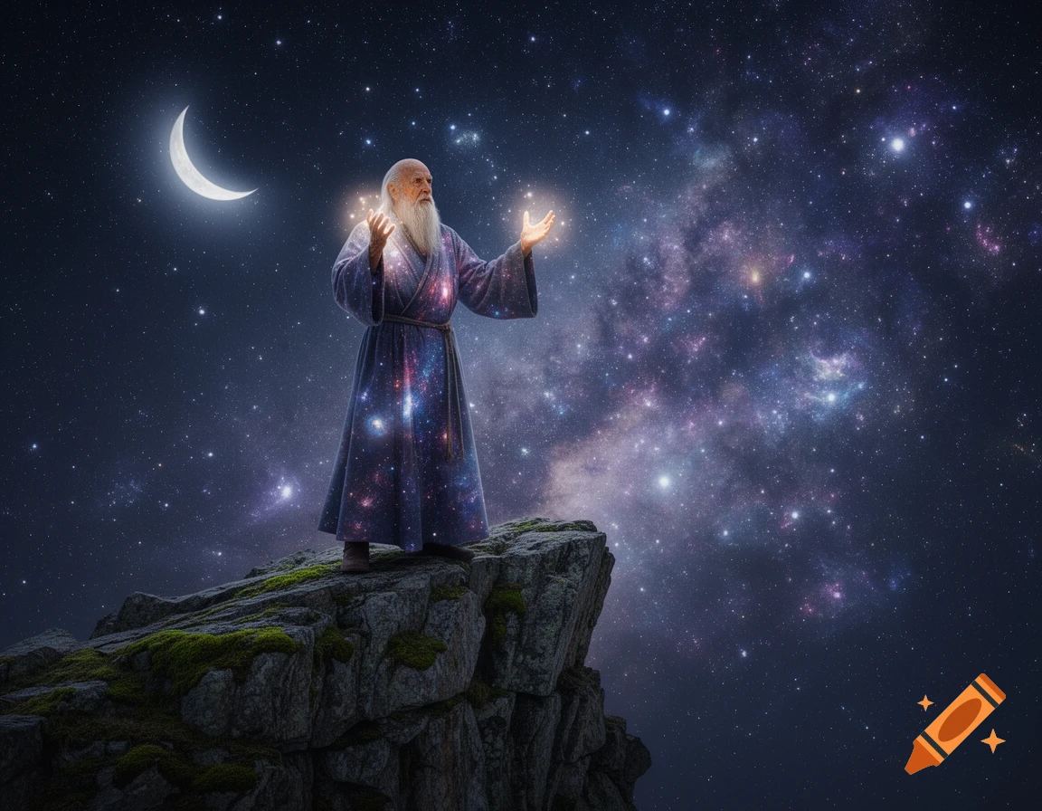 A white-bearded wizard in a cosmic robe stands on a rocky cliff under a crescent moon and a starry galaxy, hands glowing.