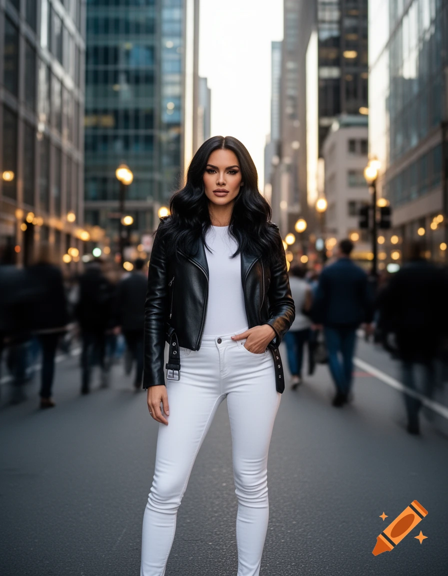 A photorealistic image of a woman in a black leather jacket, white t-shirt, and white skinny jeans standing on a city street.