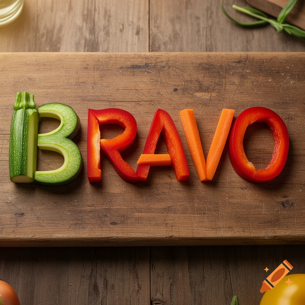 The word "BRAVO" spelled out with vibrant vegetables like zucchini, bell peppers, and carrots on a wooden cutting board.