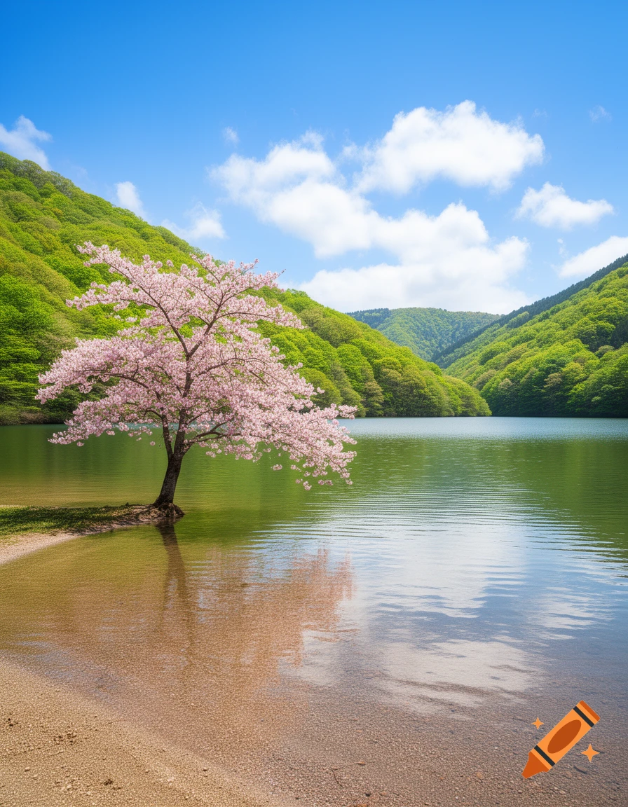 A cherry blossom tree with pink flowers on a sandy shore next to a calm lake, surrounded by lush green hills under a bright blue sky with clouds.