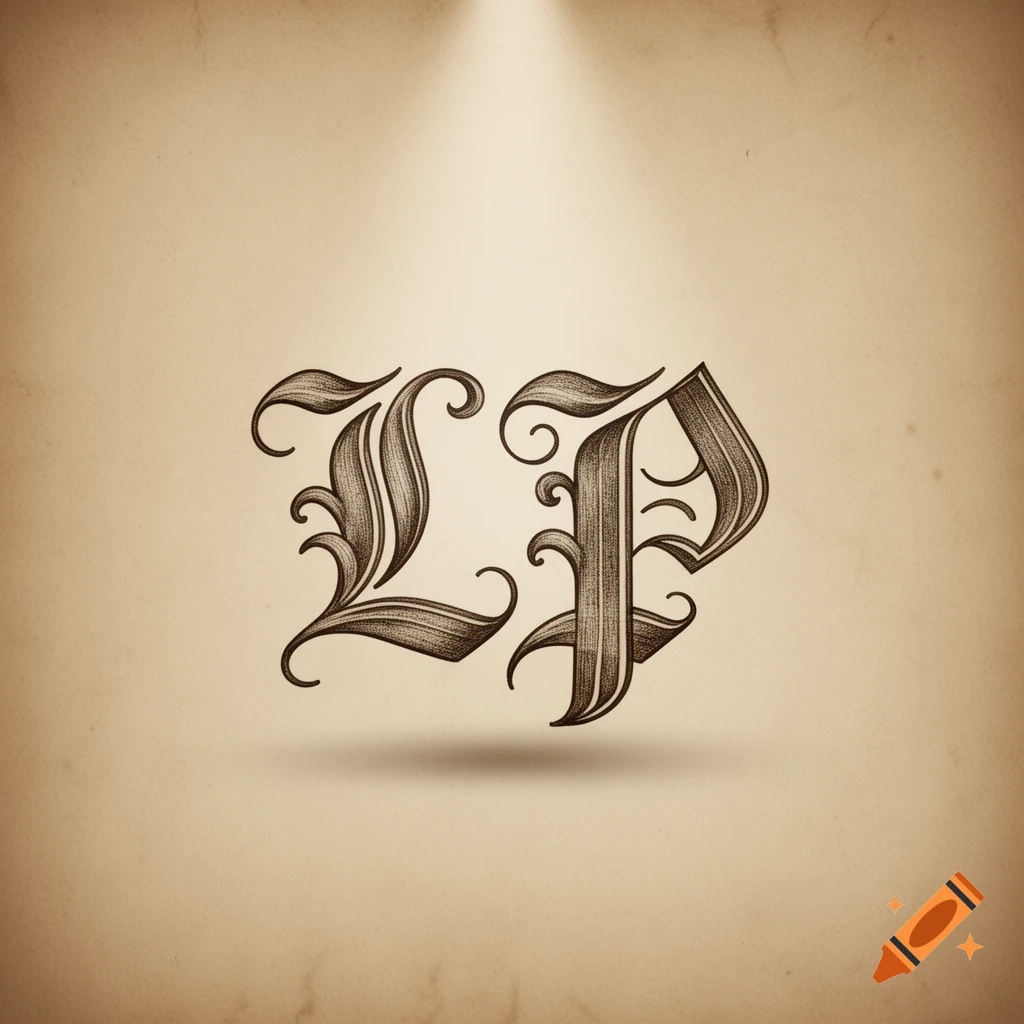 Two intricate, dark brown Old English letters, 'L' and 'P', with decorative swirls and shading, cast a shadow on a textured, light brown parchment background with a spotlight effect from above.