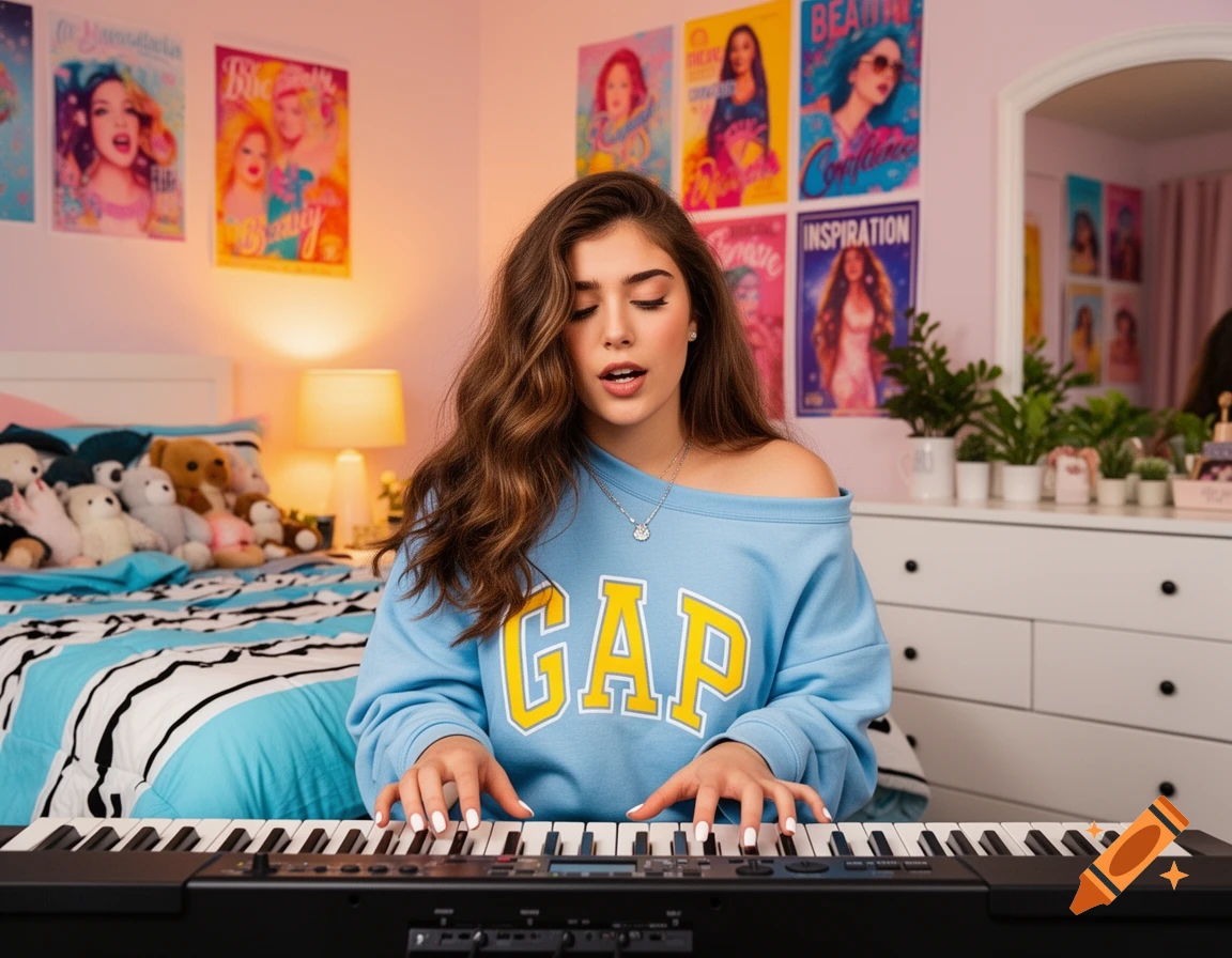 Realistic photo of a young woman with long brown hair singing and playing a keyboard in her pink bedroom with posters and stuffed animals on the bed.