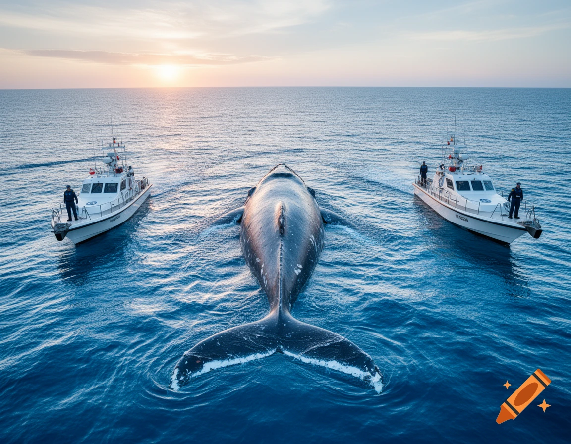 A humpback whale swims in the ocean, flanked by two water police boats under a sunset sky.