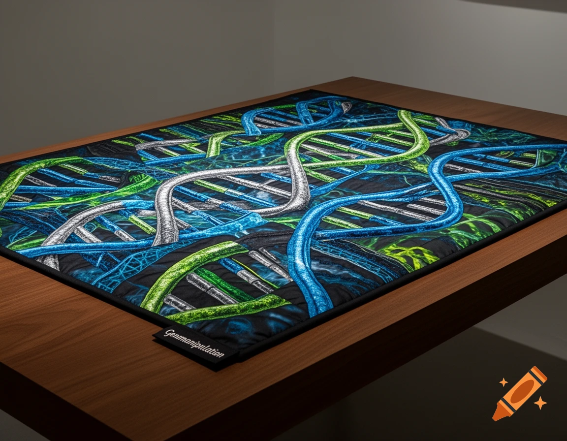A quilt featuring a chaotic pattern of blue, green, and silver DNA double helices on a dark background, resting on a wooden table.