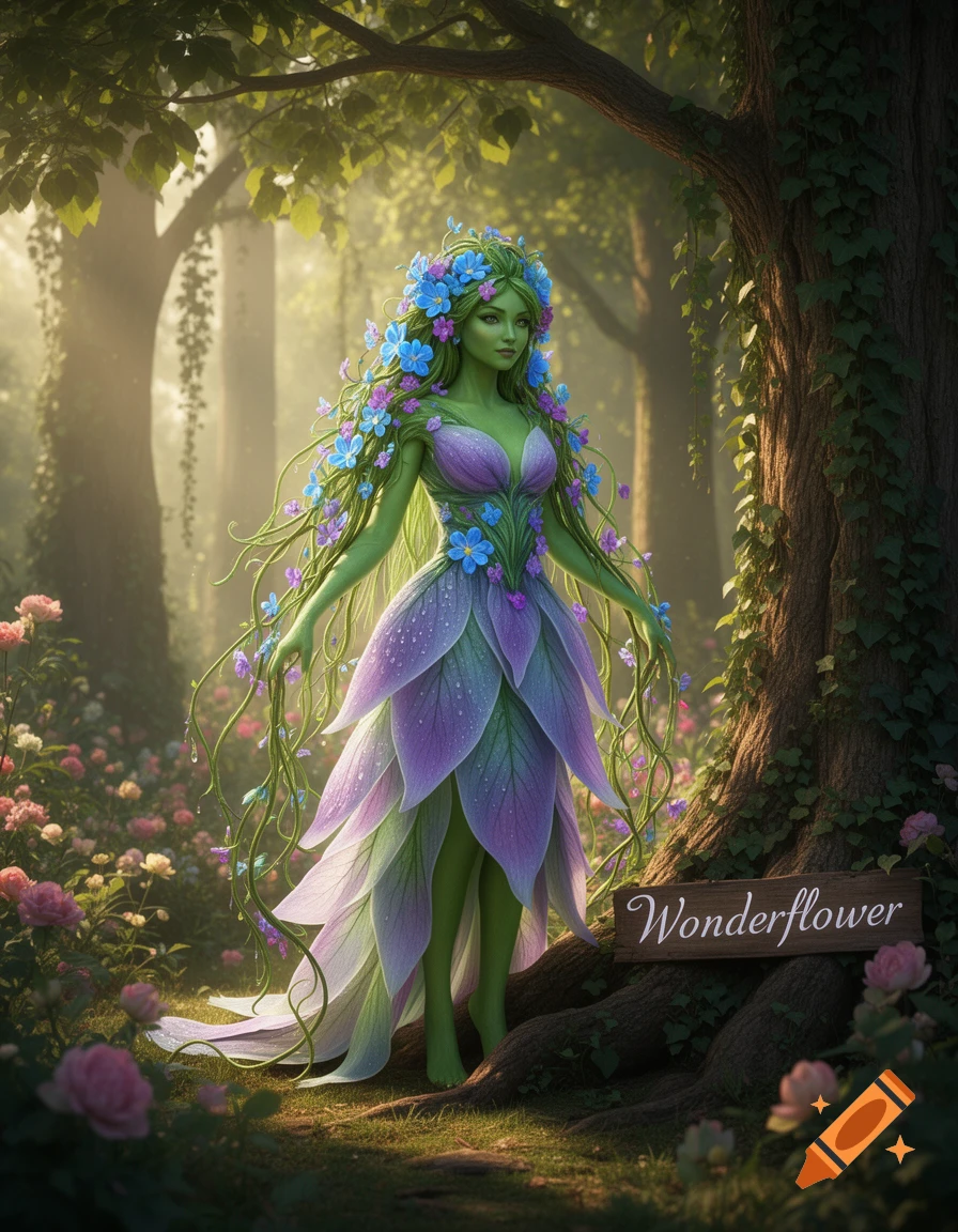 A green-skinned 'Wonderflower' character in a purple and green petal dress, with floral hair, stands in a sunlit fantasy forest.