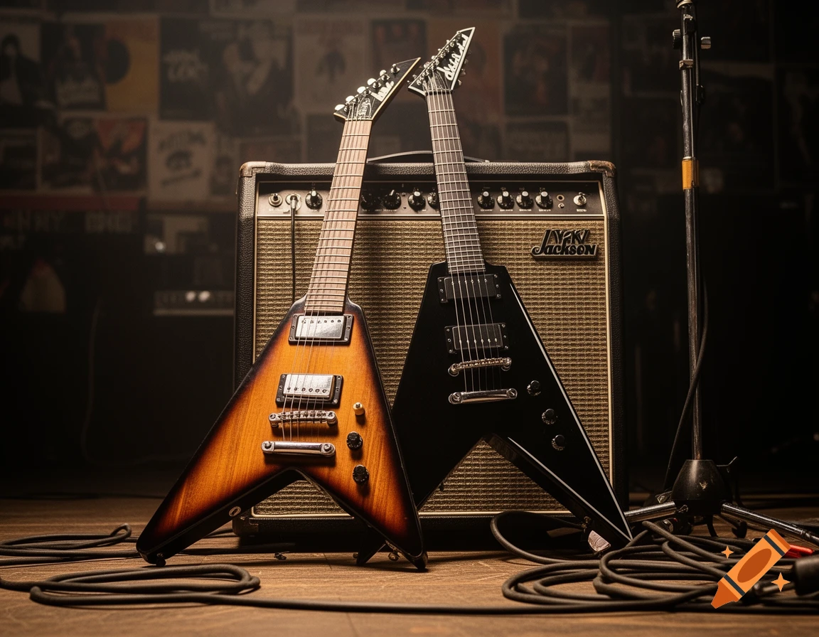 Two V-shaped electric guitars, one sunburst and one black, lean against a Jackson amplifier on a dark stage.