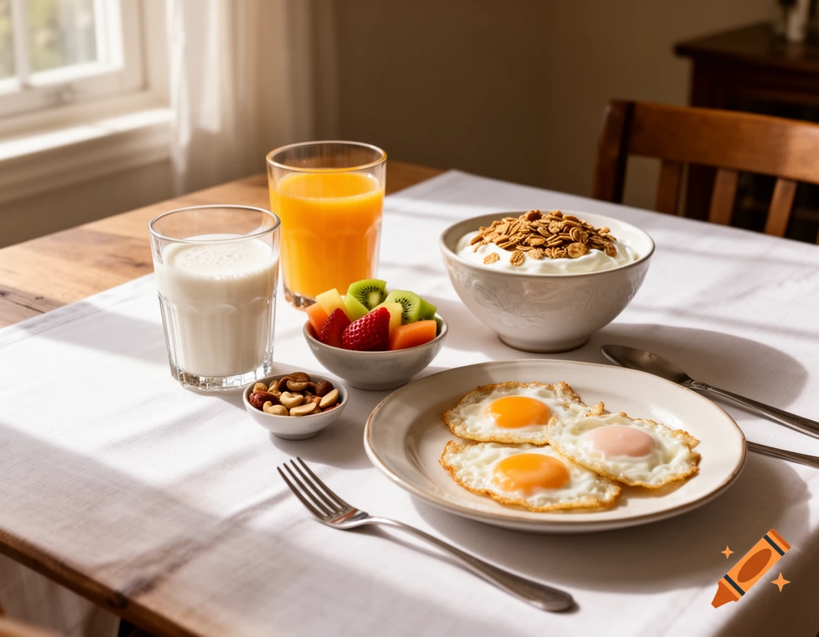 Photorealistic image of a breakfast table with milk, orange juice, fried eggs, fruit salad, mixed nuts, and yogurt with muesli.