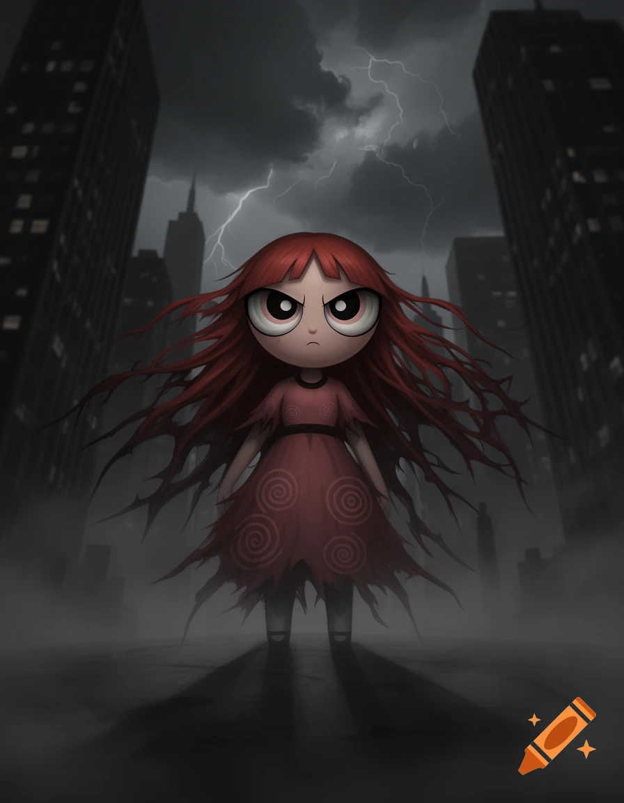 A creepy, red-haired Blossom character with wide eyes and a red dress stands in a dark, stormy city with lightning.