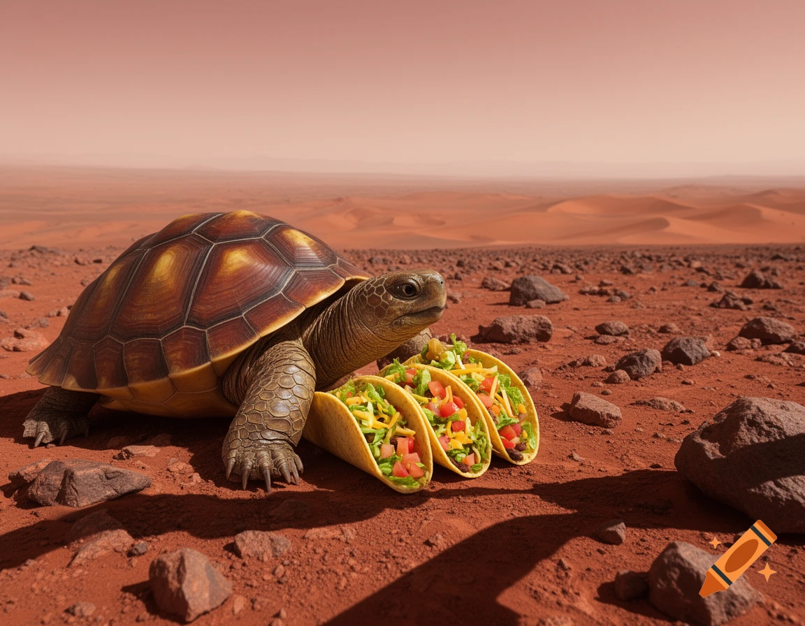 A photorealistic turtle stands on a red, rocky Mars-like desert with three tacos lined up beside it.