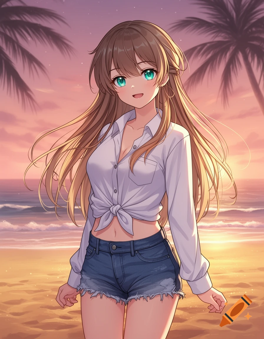An anime girl with long brown hair and blue eyes, wearing a tied white crop shirt and denim shorts, stands on a beach at sunset with palm trees.