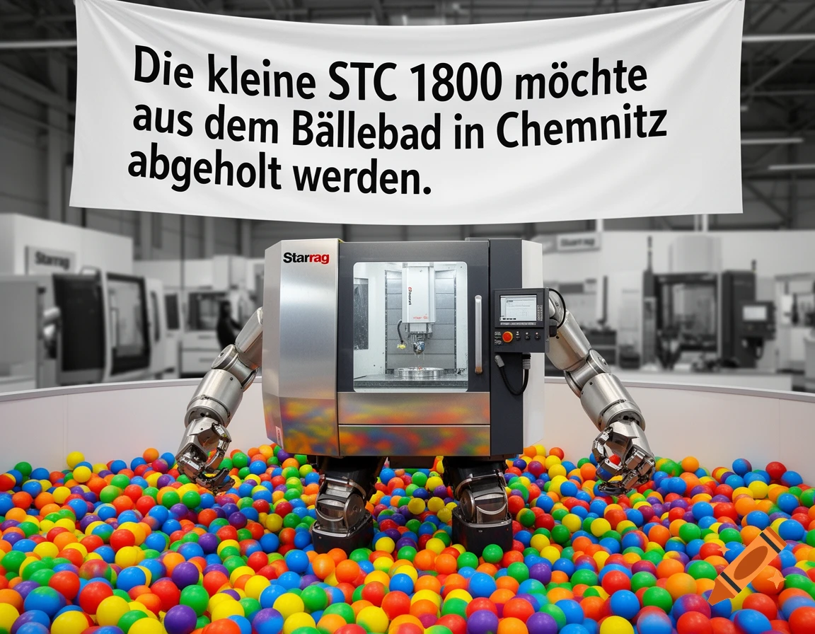 A robotic CNC machine with arms and legs stands in a colorful ball pit under a banner with German text.