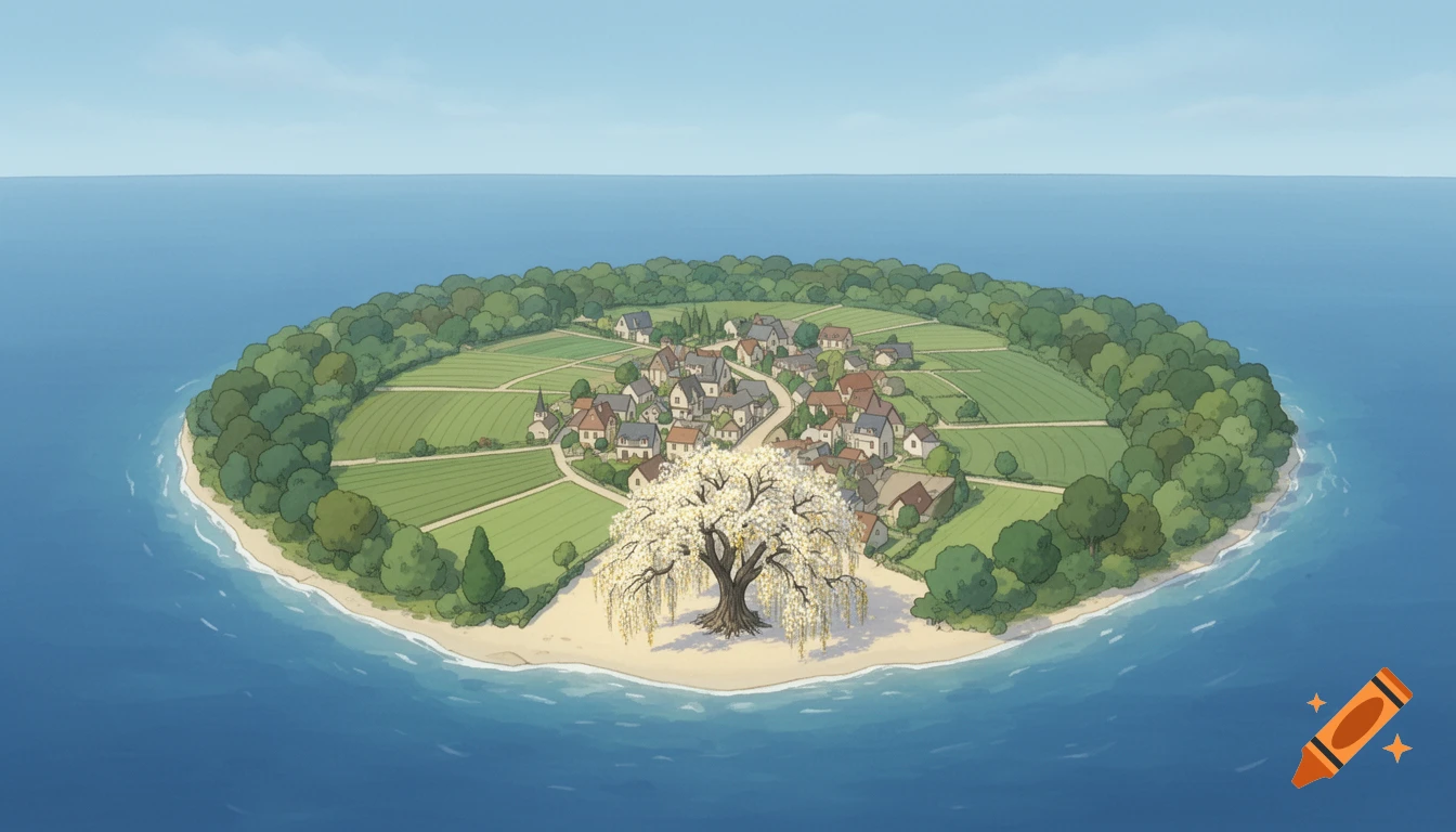 Animated aerial view of an oval island featuring a small village, green fields, and a large white-flowering tree, surrounded by blue ocean.