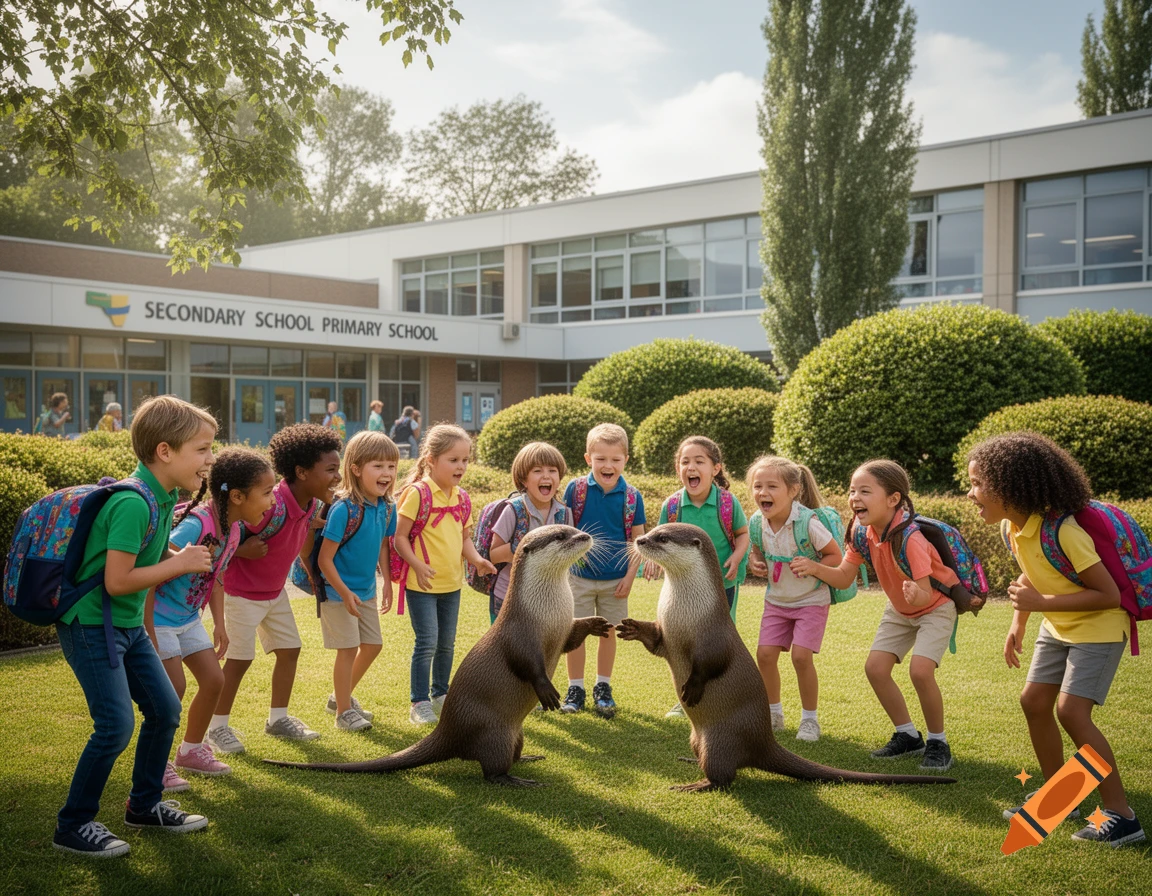 A diverse group of excited children watch two otters standing upright on a grassy lawn in front of a modern school building.