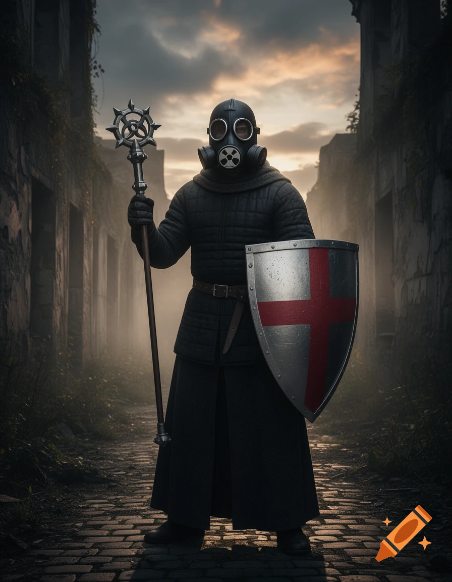 A figure in a gas mask and dark armor holds a spiky mace and a crusader shield in a ruined, misty alley under an overcast sky.