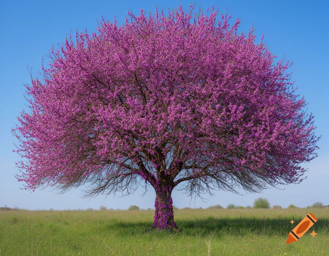 A vibrant magenta-pink Judas tree in full bloom stands in a green meadow under a clear blue sky, photorealistic.
