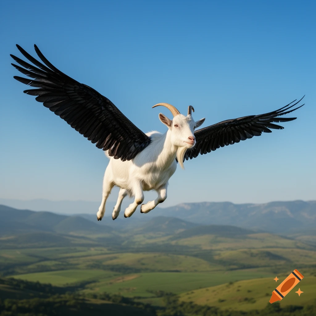 A white goat with large black wings flies over a verdant mountain landscape under a clear blue sky.