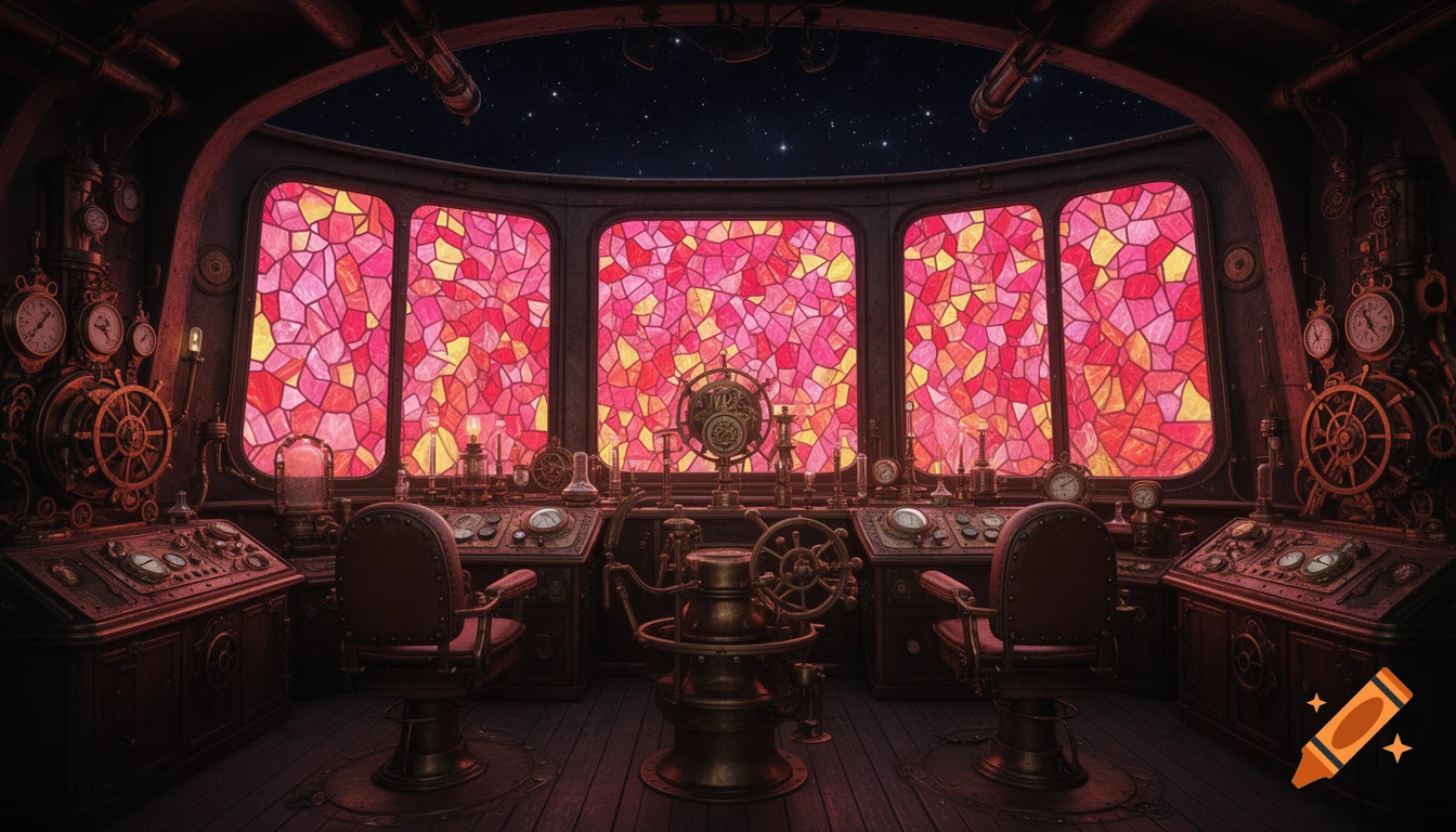 A dark and intricate steampunk ship bridge with red and pink stained glass windows overlooking a starry sky, detailed controls, and two chairs.