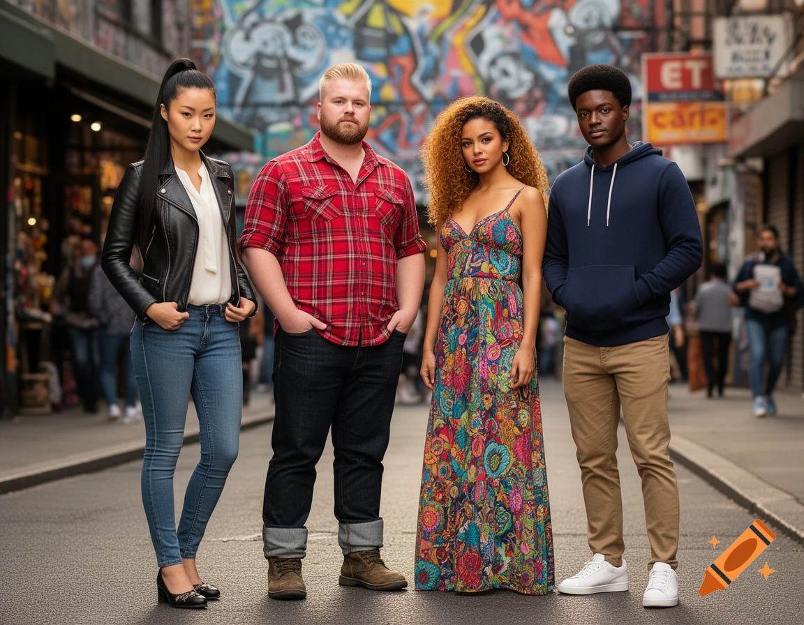 Four diverse young adults stand on a city street in fashionable casual wear, with graffiti and storefronts in the background.
