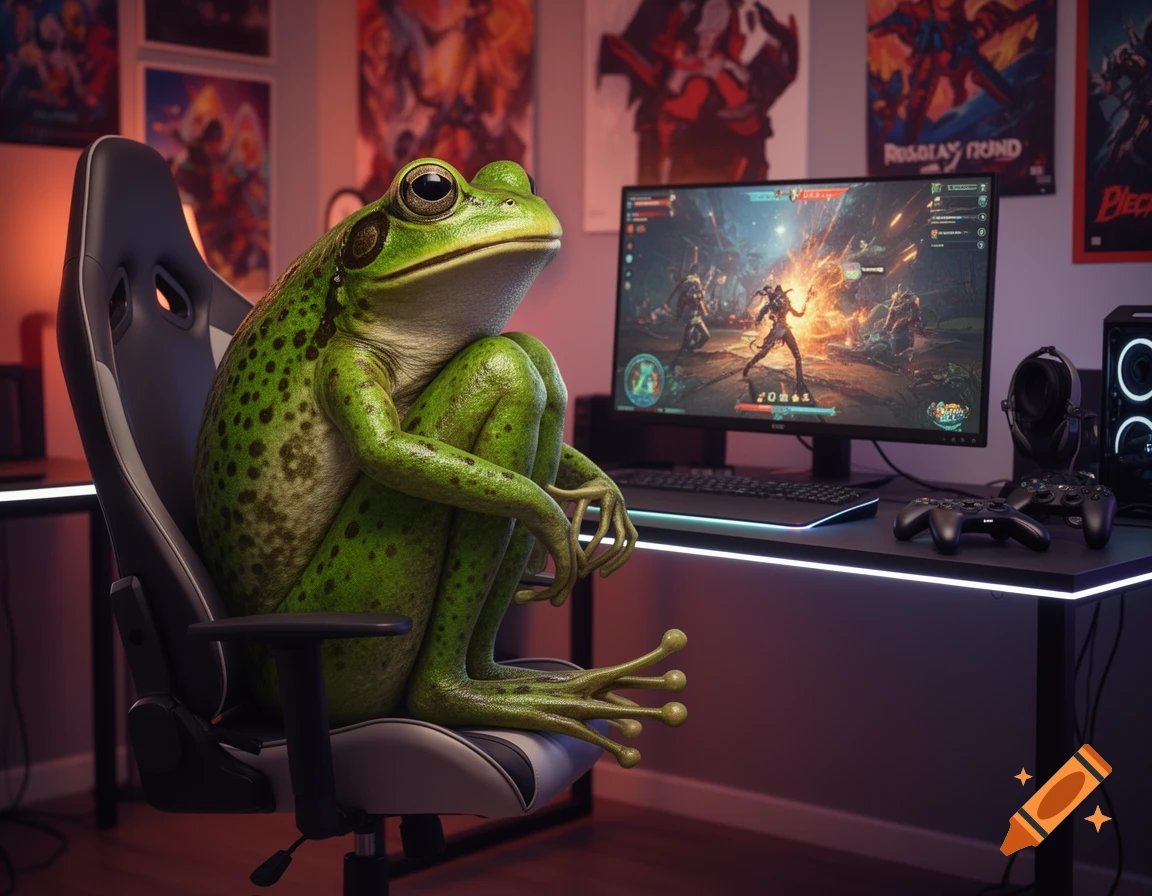 A large, photorealistic green frog sits in a gaming chair, playing a video game on a monitor in a room with posters.