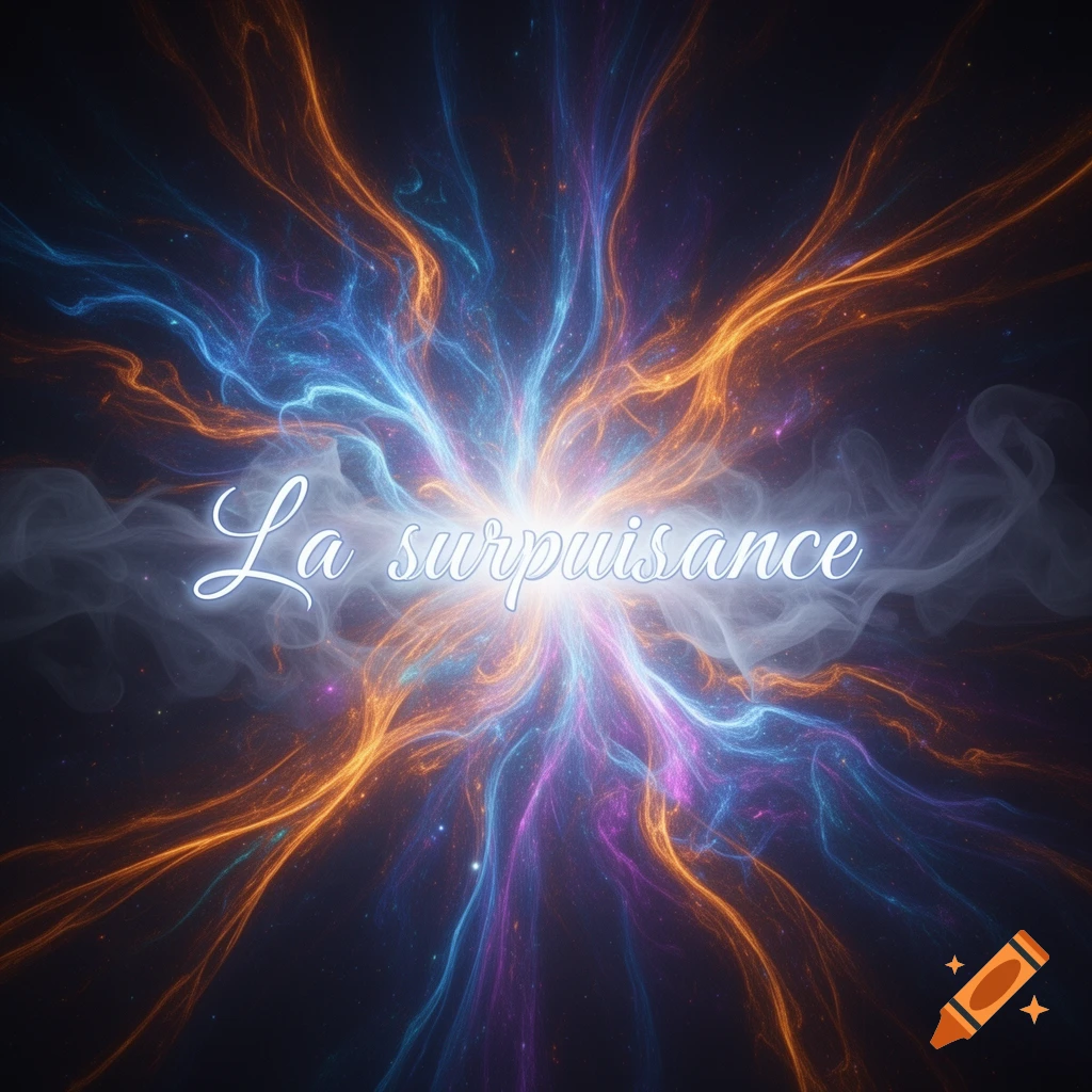 Abstract image of colorful energy streaks radiating from a bright center, with the French words 'La surpuissance' in script.