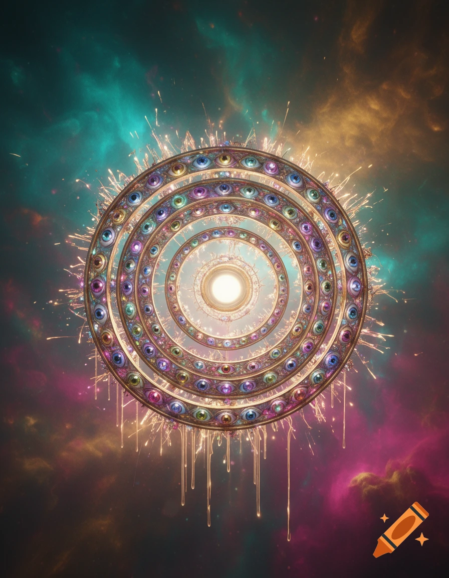 A psychedelic ornate wheel-like object, covered in colorful eyes, glows brightly with golden sparks dripping, against a teal and purple nebula.