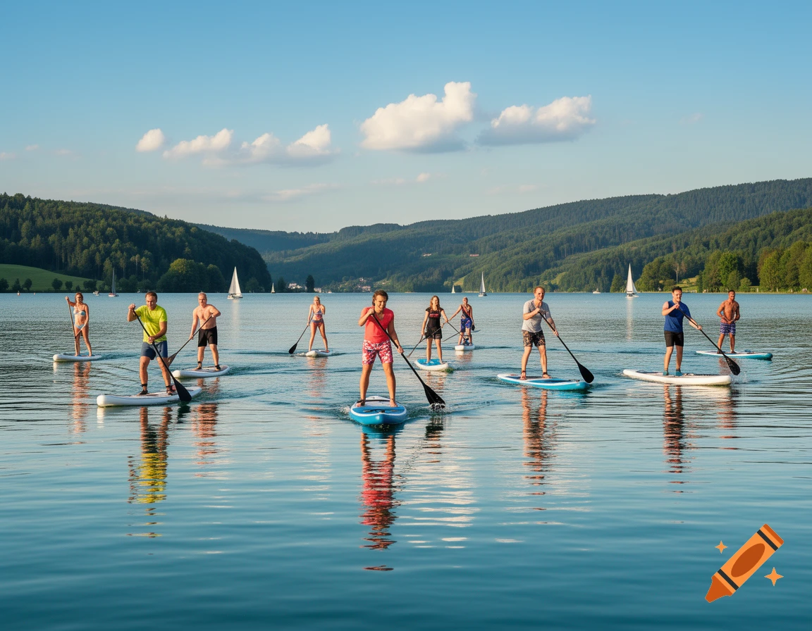 A group of people paddleboarding on a calm lake with forested hills and a blue sky in the background.