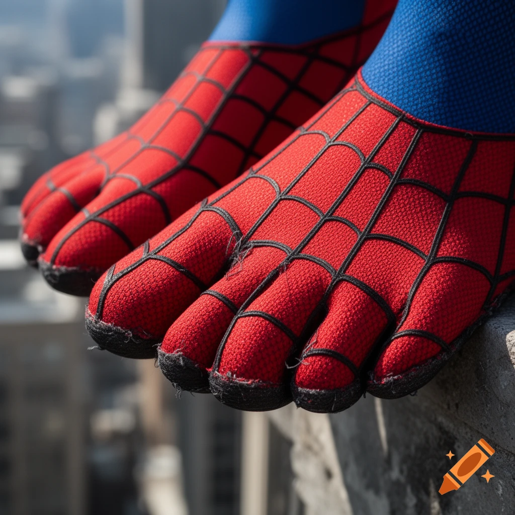 Close-up of feet in red and blue Spiderman toe shoes with black web patterns, standing on a ledge above a city.