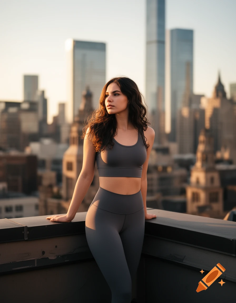A young brunette woman in a sports bra and leggings poses on a city rooftop at sunset, looking away. Photorealistic.
