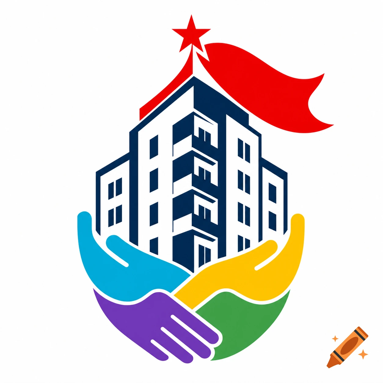 A graphic design logo showing a multi-story building with a red flag and star on its roof, supported by interlocking, colorful hands.