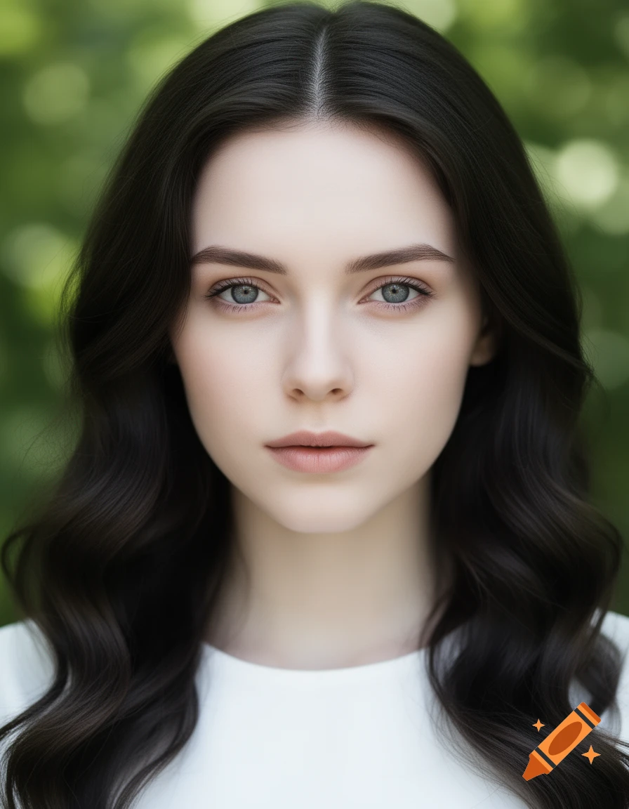 A photorealistic close-up portrait of a young woman with dark hair and greyish-blue eyes against a blurred green background.
