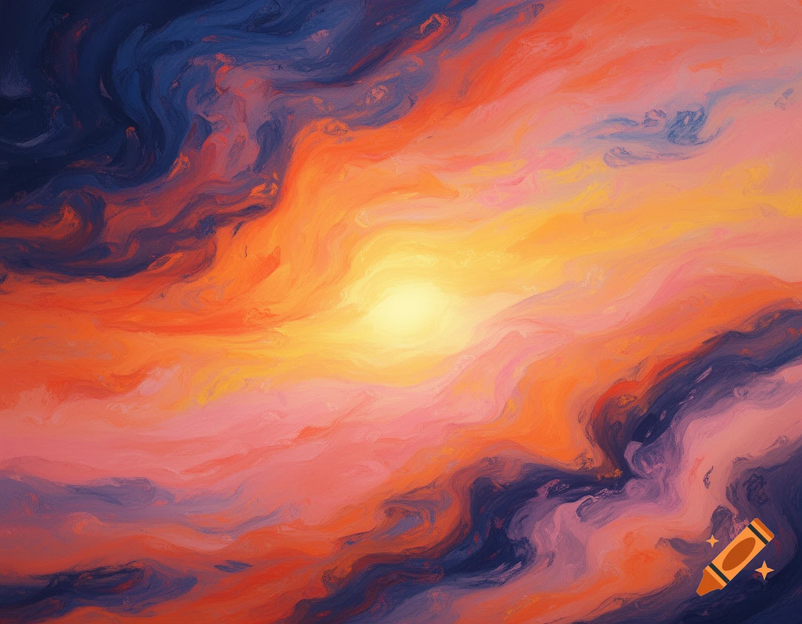 Abstract oil painting of a vibrant sunset sky with swirling brushstrokes in orange, yellow, pink, and dark blue.