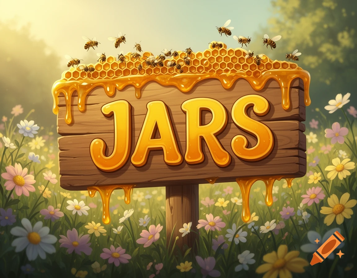 A wooden sign saying "JARS" covered in dripping honey and honeycomb with bees, surrounded by wildflowers in a sunny field.
