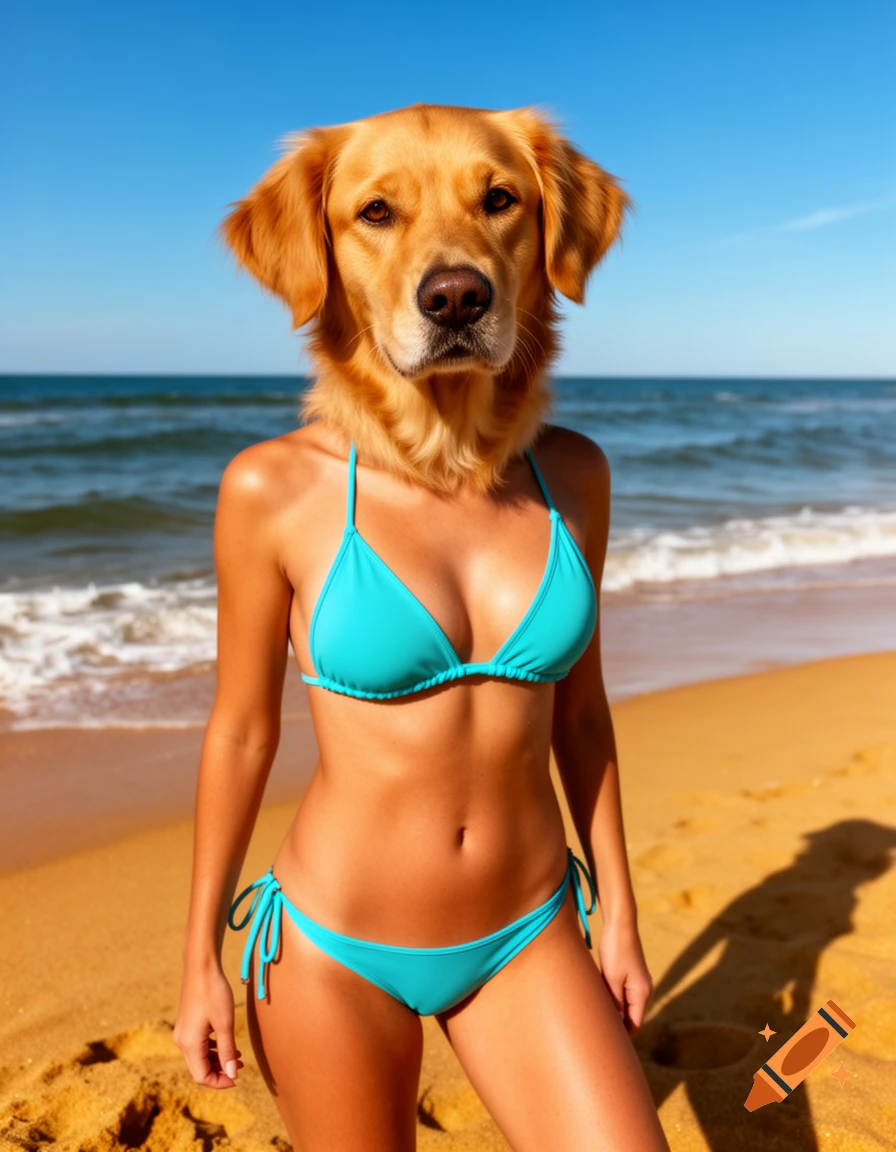 A Golden Retriever's head on a woman's body wearing a blue bikini on a sunny beach.