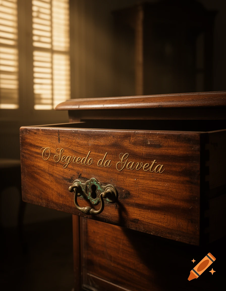 A close-up of an open antique wooden drawer with ornate brass hardware and the text 'O Segredo da Gaveta' on its front.