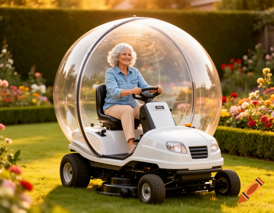 An elderly woman with grey hair smiles while driving a white riding lawn mower with a clear bubble enclosure in a sunny garden.