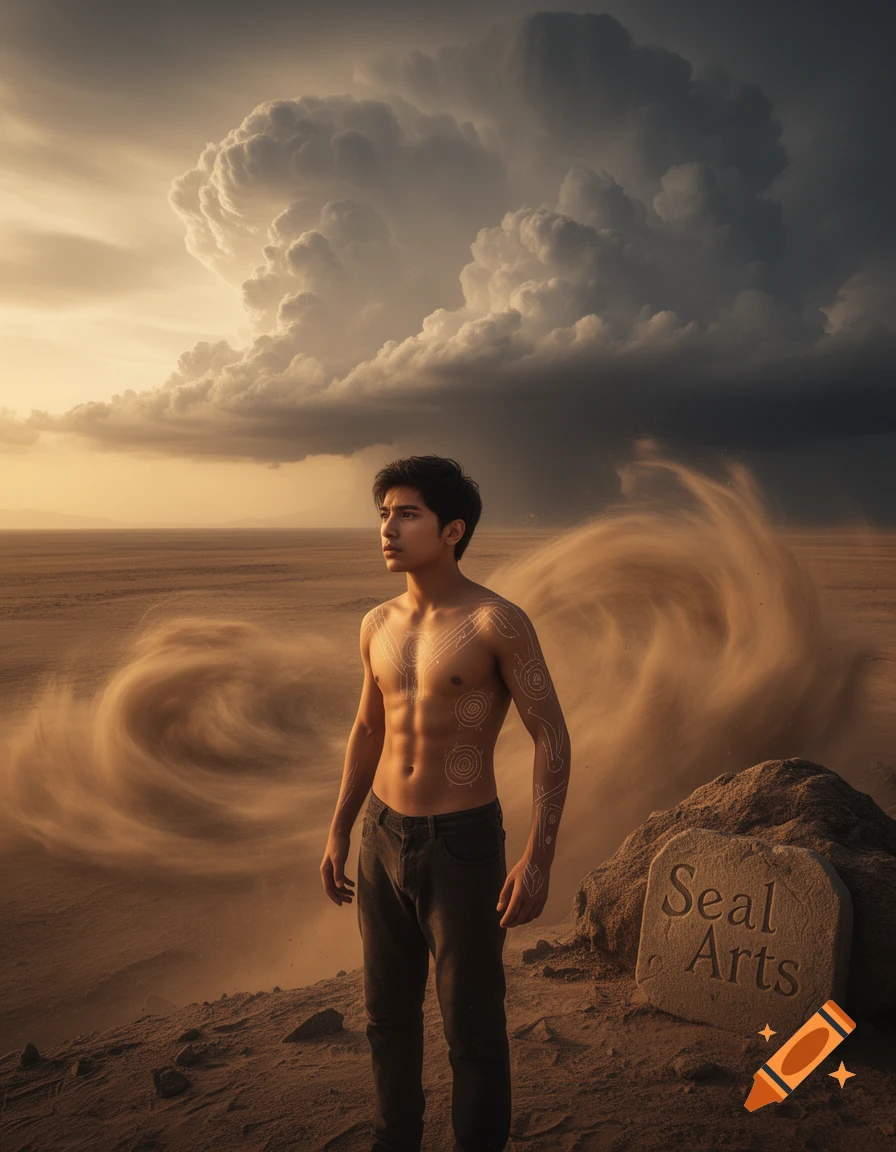 A shirtless man with intricate white body markings stands in a vast desert landscape with swirling sand and dramatic storm clouds overhead.