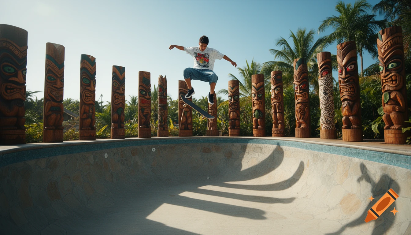 A skateboarder jumps high above an empty pool, surrounded by an array of carved wooden tiki totems and palm trees.
