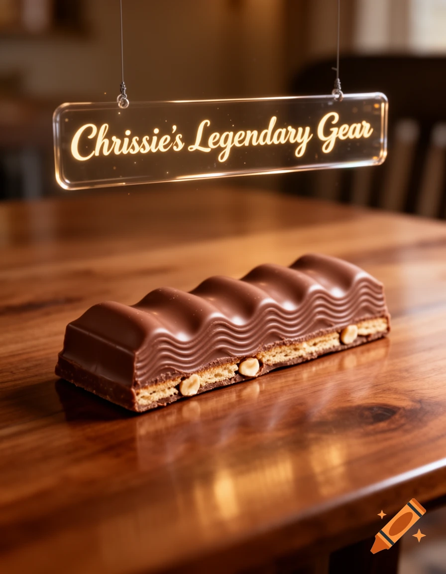 A photorealistic image of a chocolate bar resembling a Kinder Duplo on a wooden table, with a glowing sign above it reading 'Chrissie's Legendary Gear'.