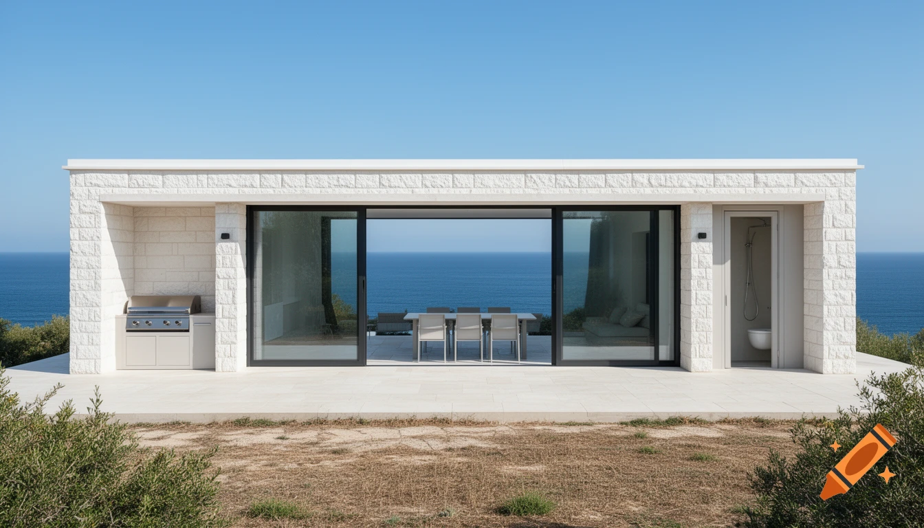 A modern, minimalist white stone coastal house with glass doors opening to a terrace with a dining table, overlooking a calm blue ocean.