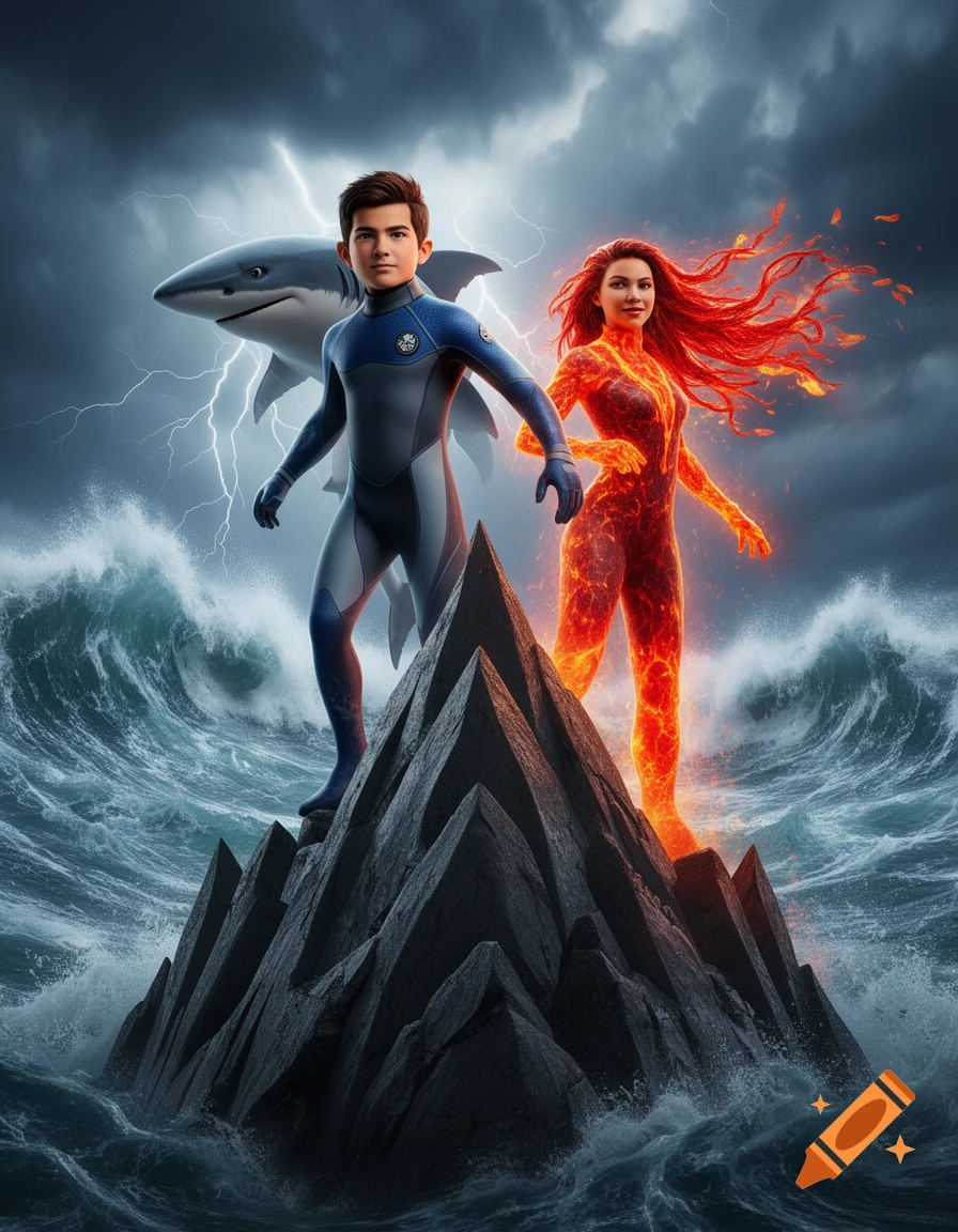 Sharkboy in a blue suit with a shark behind him, and Lavagirl glowing with fire, stand on a rocky peak amidst stormy waves and lightning.
