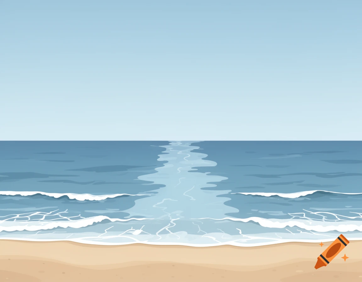 A stylized illustration of a calm beach scene with blue ocean waves gently meeting a light brown sandy shore under a clear sky.