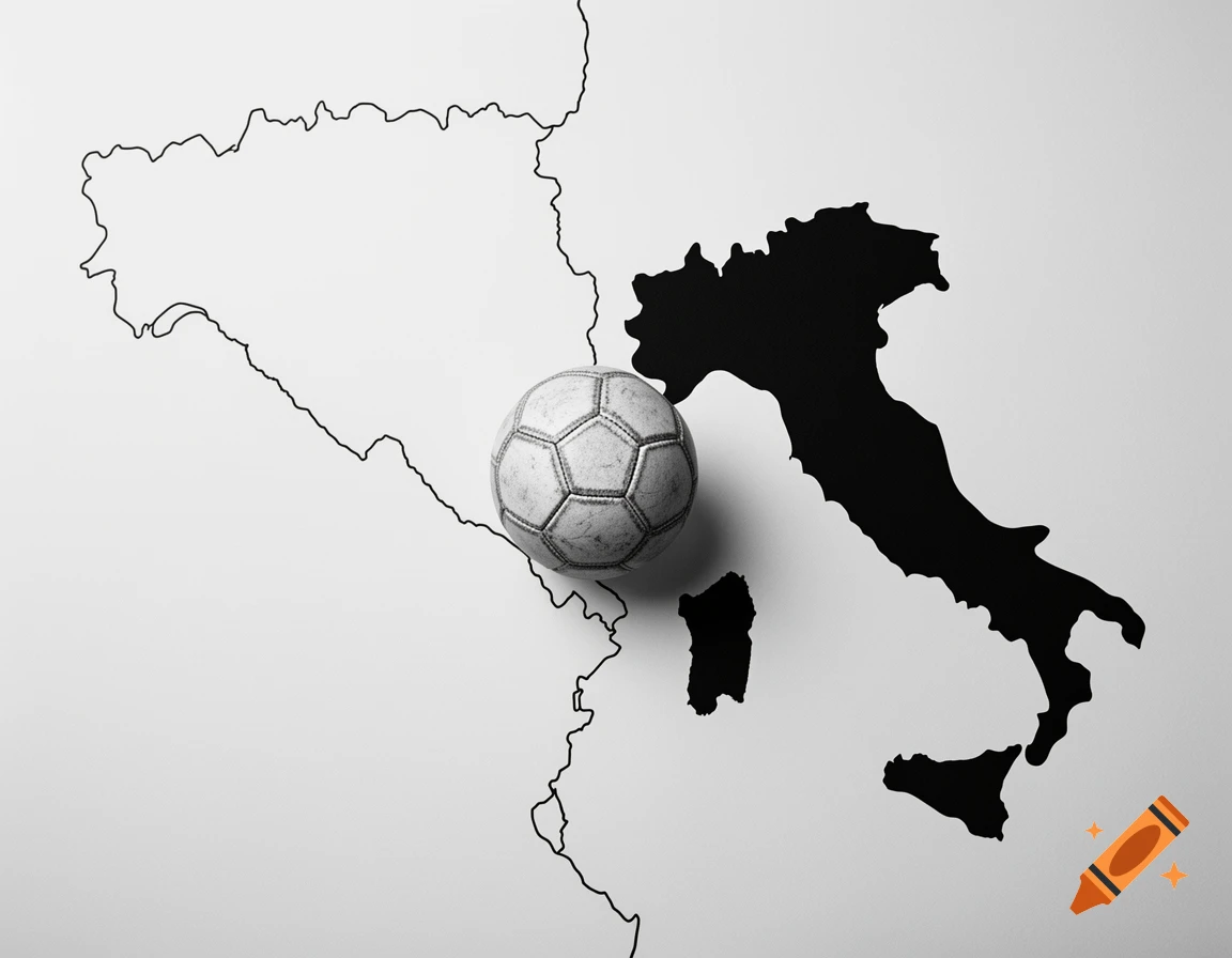 A black and white image of a soccer ball resting on the border between the black silhouette of Italy and an outlined neighboring country.