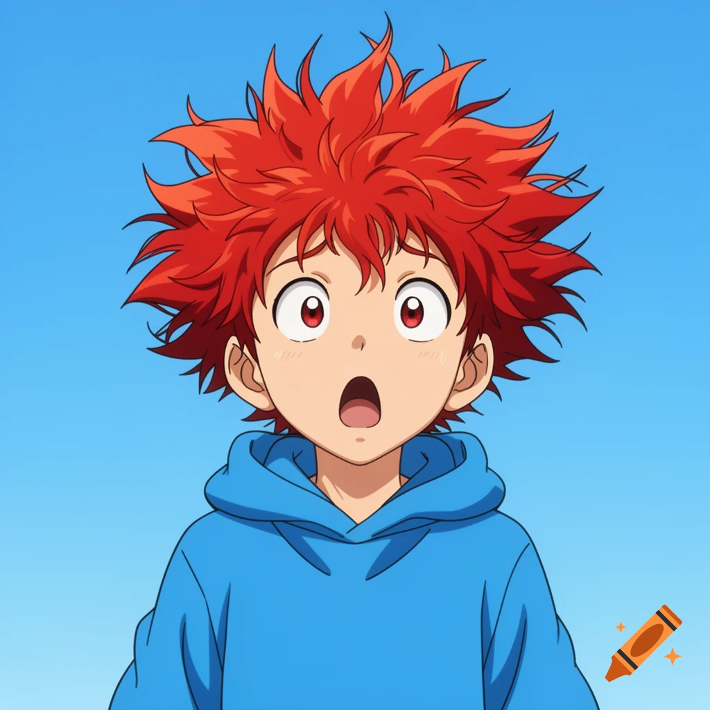 A cartoon boy with messy red hair and a blue hoodie looks surprised against a blue background.