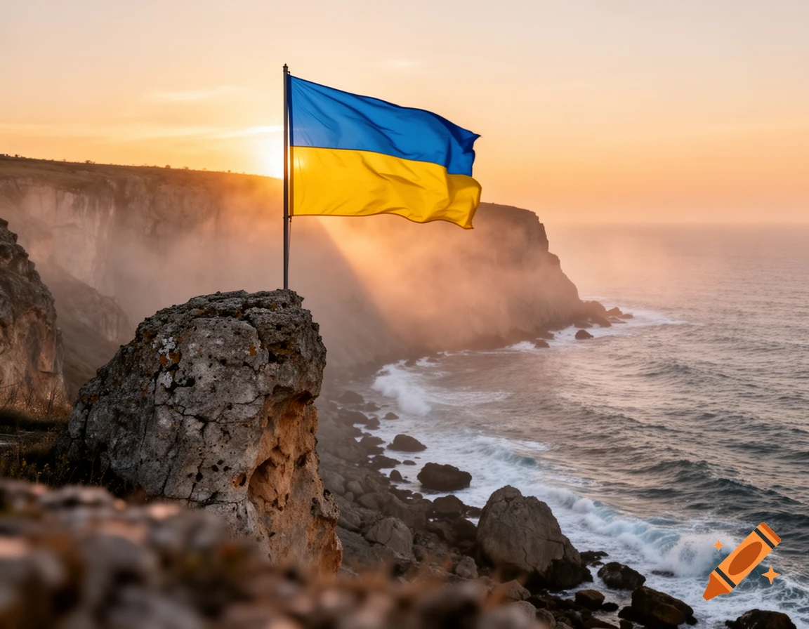 A Ukrainian flag waves from a rocky cliff overlooking the ocean at a golden sunset.